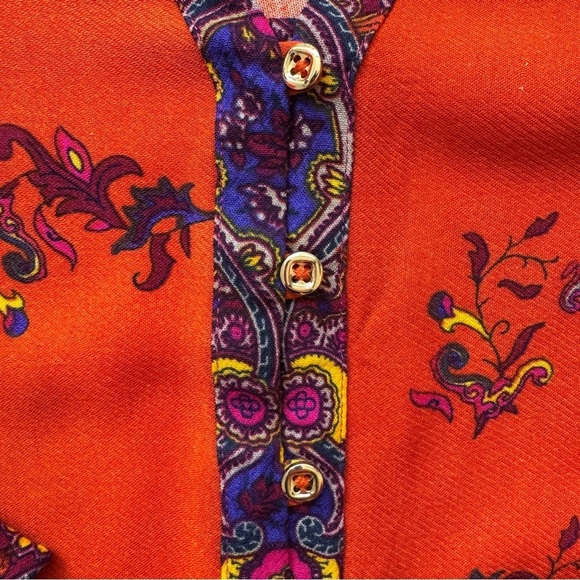 Jones New York Blouse Gold Buttons Paisley Tunic Moroccan Orange Top Shirt Sz L - Picture 10 of 16
